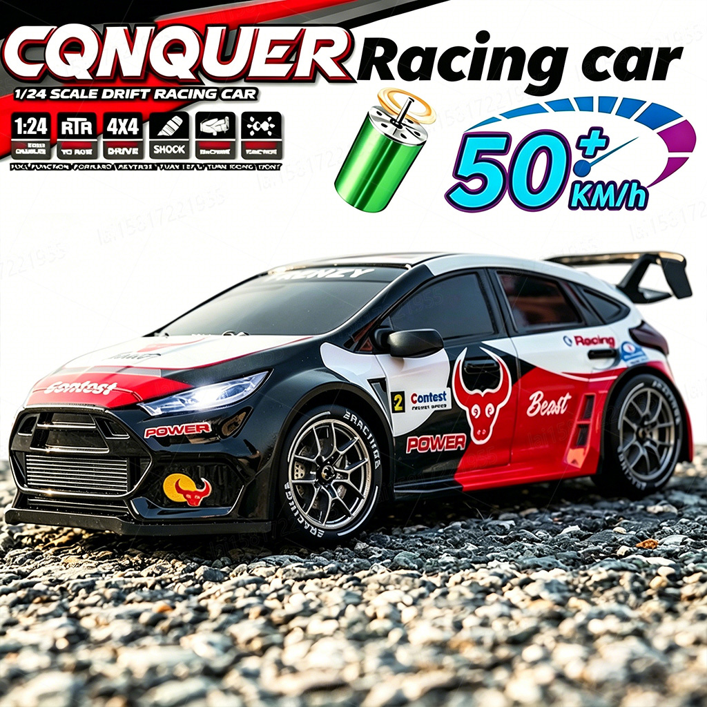 Victor Racket Jetspeed - 1:24スケール、4WD、最高速度50km/hのRCカー。スタント走行、ドリフト走行、レース走行が可能な、LEDライト付きのブラシレスモーター搭載のスピードチャンピオン。男の子へのプレゼントに最適。