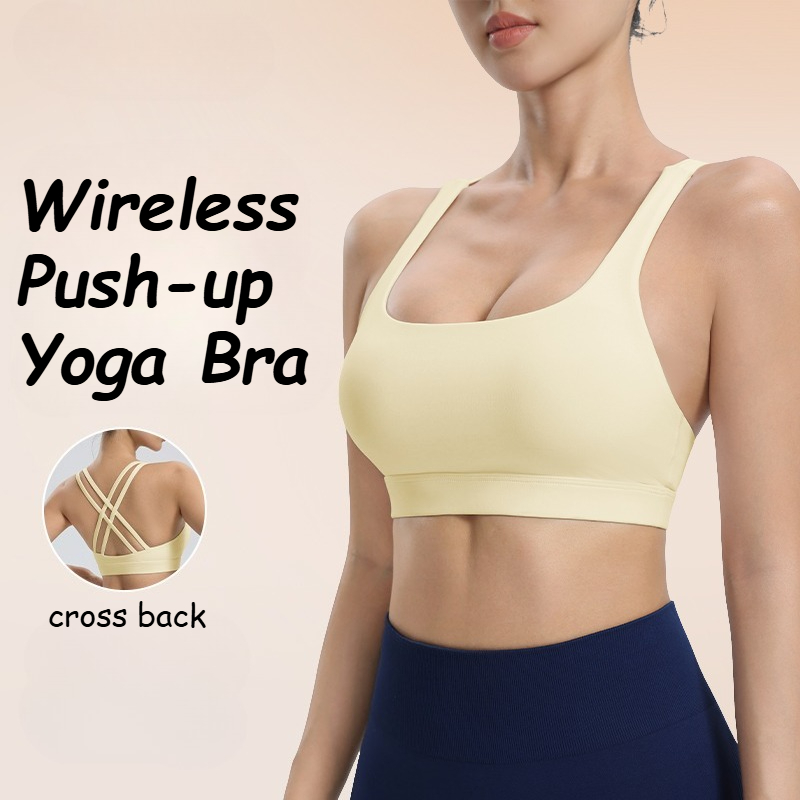 Yoga Fitness Training - 無地の女性用クロスバックフィットネススポーツブラ、高強度タイトトップ、総合トレーニングジムヨガ下着（胸パッド付き）